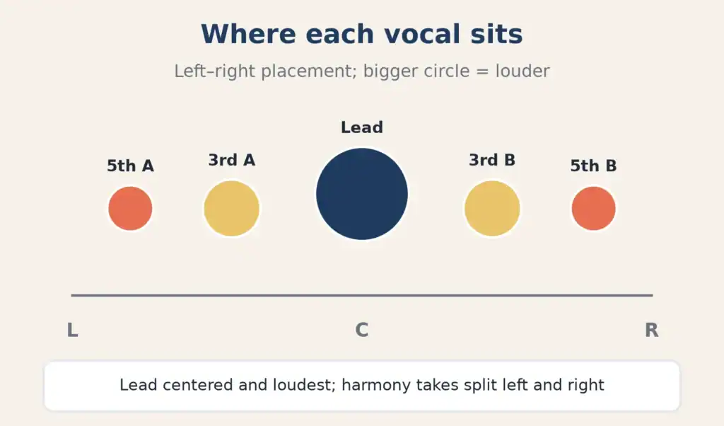Left-to-right map of vocal placement: lead vocal centered and loudest, harmony takes split left and right at lower levels