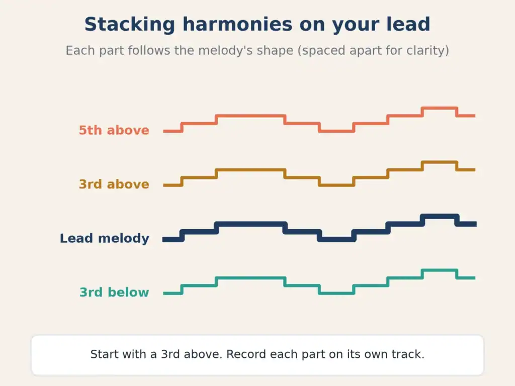 Diagram of a lead melody line with harmony parts a third below, a third above and a fifth above following the same shape