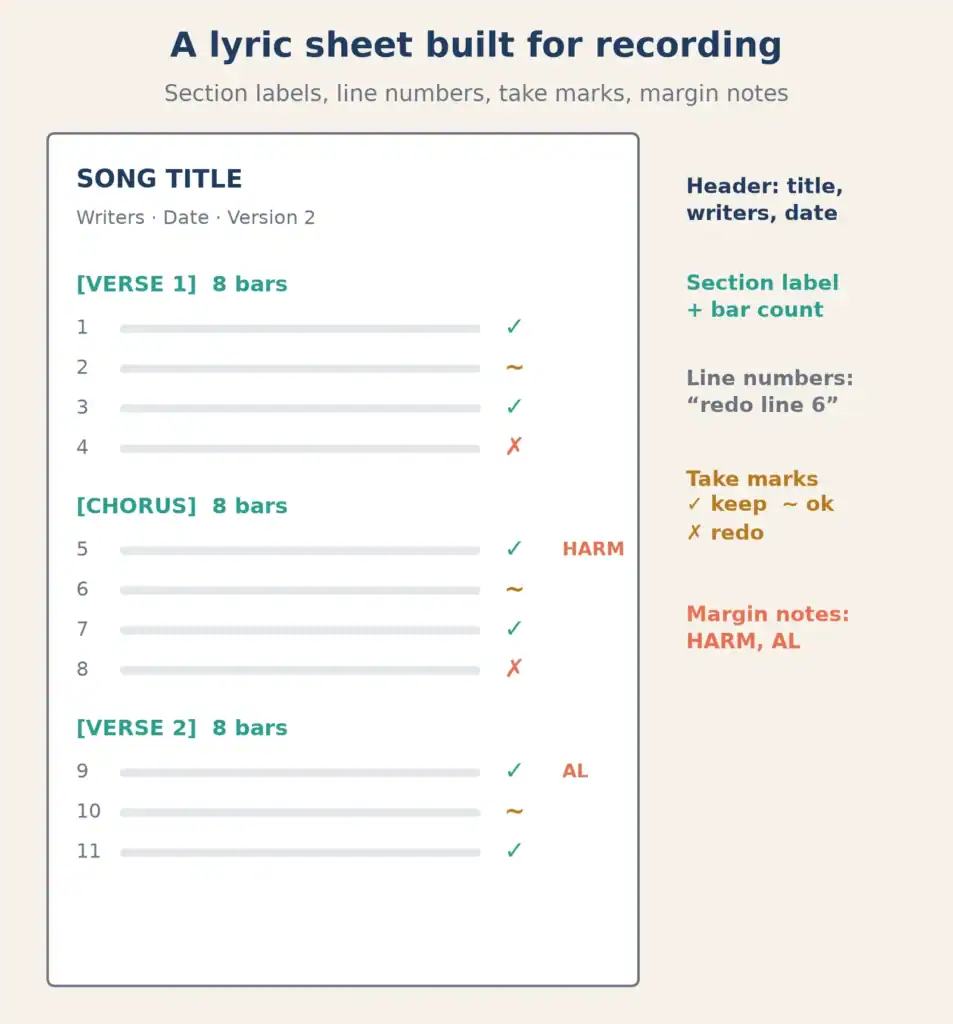 Annotated lyric sheet layout with a header, section labels with bar counts, numbered lines, take marks and margin notes for harmonies and ad-libs