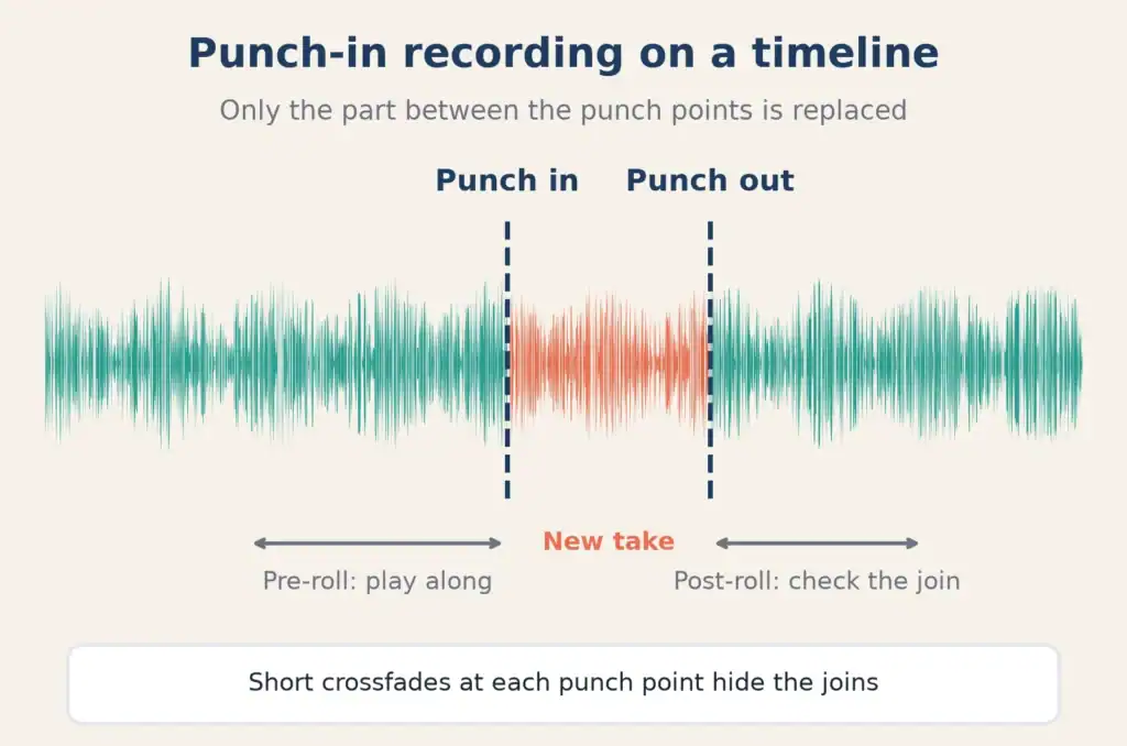 Waveform diagram showing pre-roll, the punch-in point, a newly recorded section, the punch-out point and post-roll