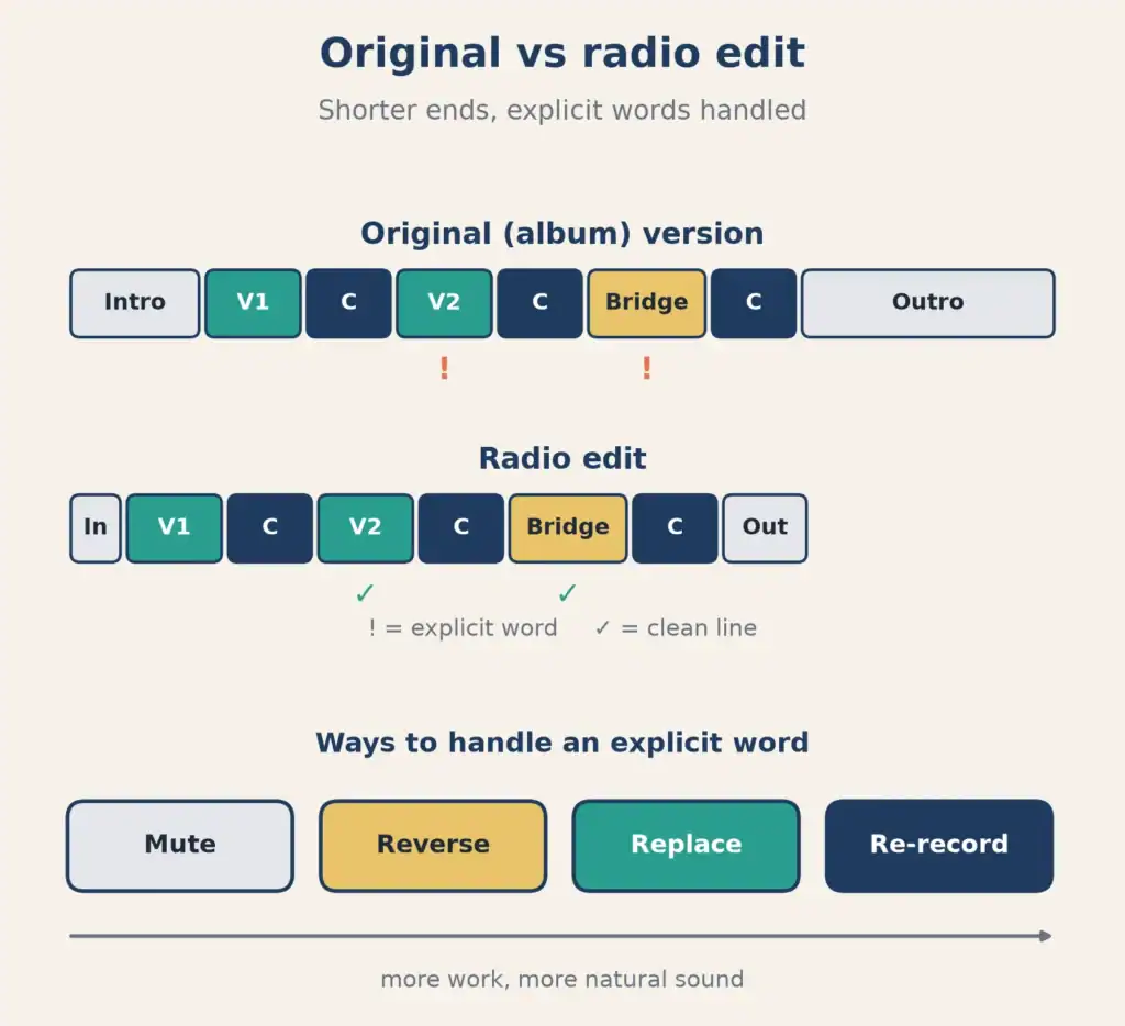 Diagram comparing an original song structure with a shorter radio edit, plus four ways to handle an explicit word: mute, reverse, replace or re-record