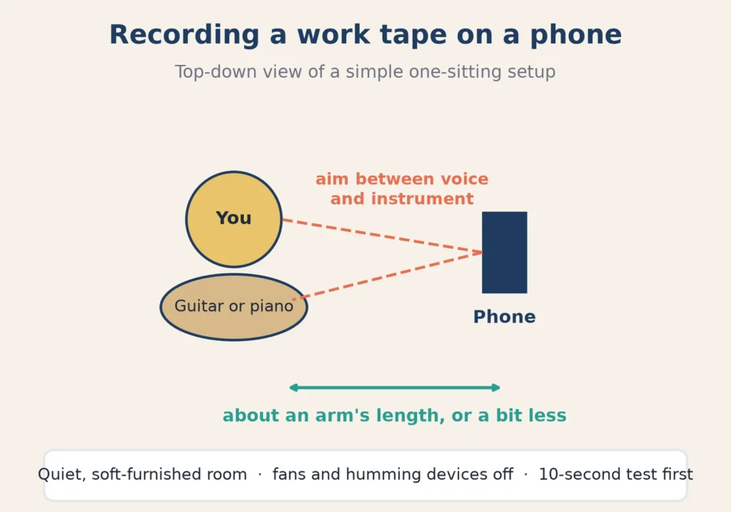 Top-down diagram of a phone placed about an arm's length from a seated songwriter, aimed between the voice and the guitar or piano